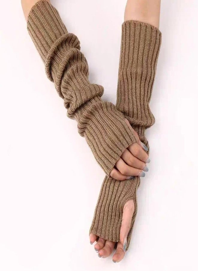 CABODYALS 2 Pairs Tan Long Fingerless Gloves Knitted Soft Winter Thumb Hole Gloves Y2k Khaki Arm Warmers Knit Mitten Arm Sleeves Crochet Wrist Hand Cover Bulk for Women Typing Driving Outings Supply - Image 4